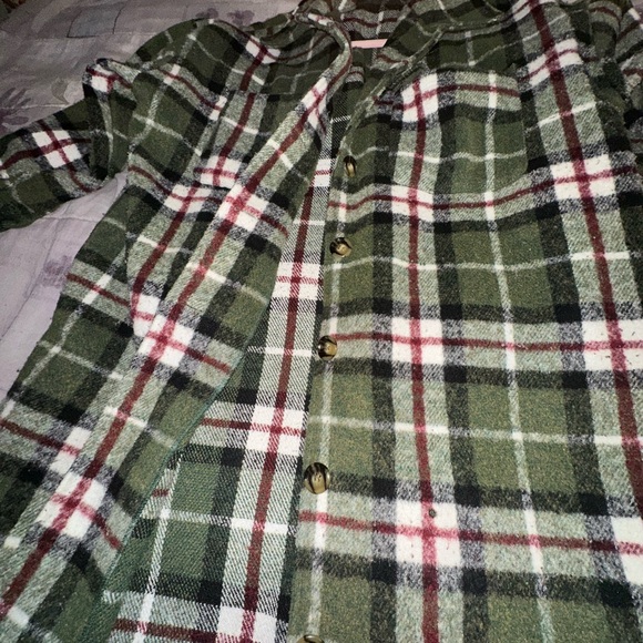 Plaid Green and Red Pea Coat - Picture 8 of 14